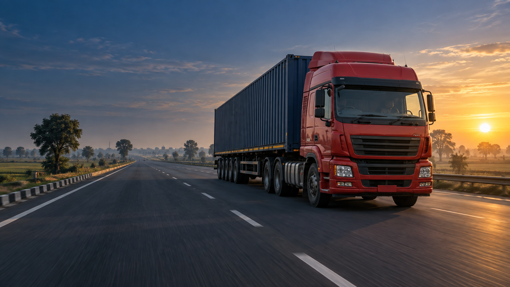 Illustrative view of a cargo truck travelling along an Indian highway